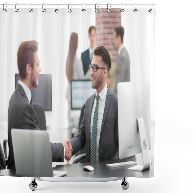 Personality  Successful Managers Shaking Hands After Closing Deal In Office Shower Curtains