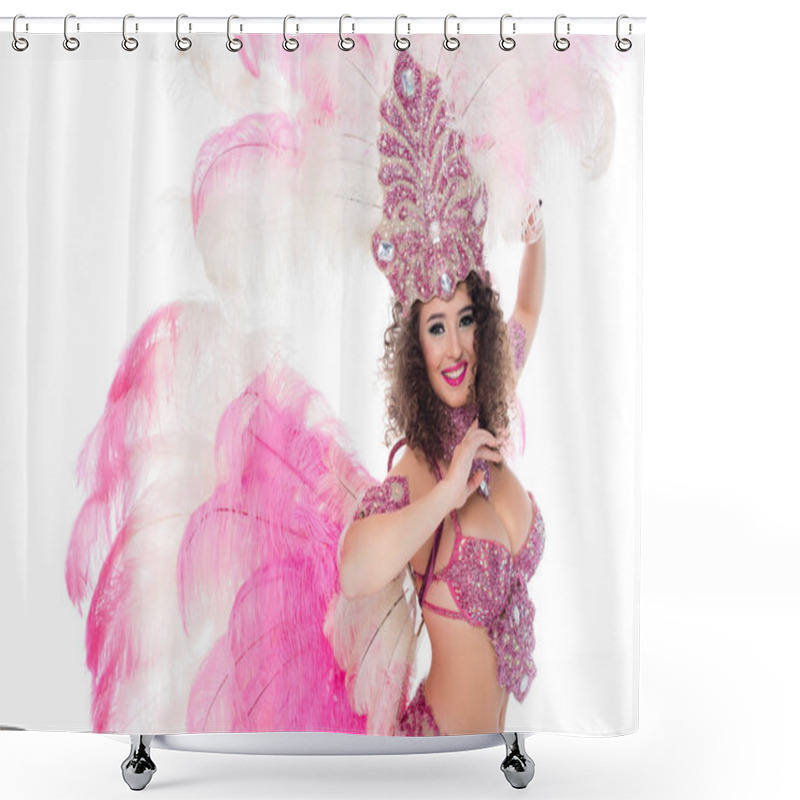 Personality  Attractive Girl Posing In Carnival Costume With Pink Feathers, Isolated On White Shower Curtains