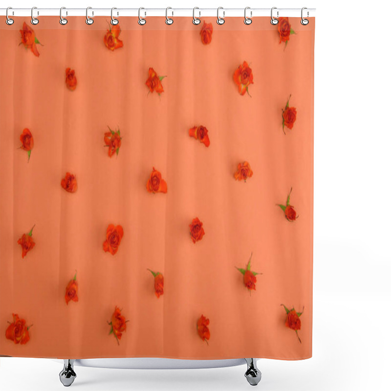 Personality  Top View Of Beautiful Blossoming Rose Flowers On Red Background Shower Curtains