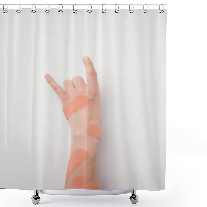 Personality  Hand With Patches Showing Sign Of Horns Shower Curtains