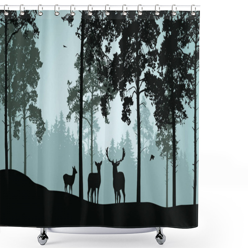 Personality  Landscape With Green Forest, Deer And Birds Shower Curtains