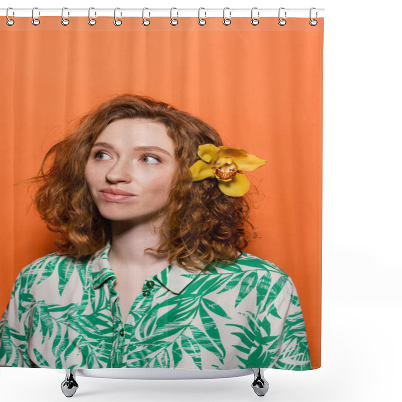 Personality  Young Redhead And Freckled Woman With Orchid Flower In Hair Wearing Blouse With Floral Print And Looking Away On Orange Background, Summer Casual And Fashion Concept, Youth Culture Shower Curtains