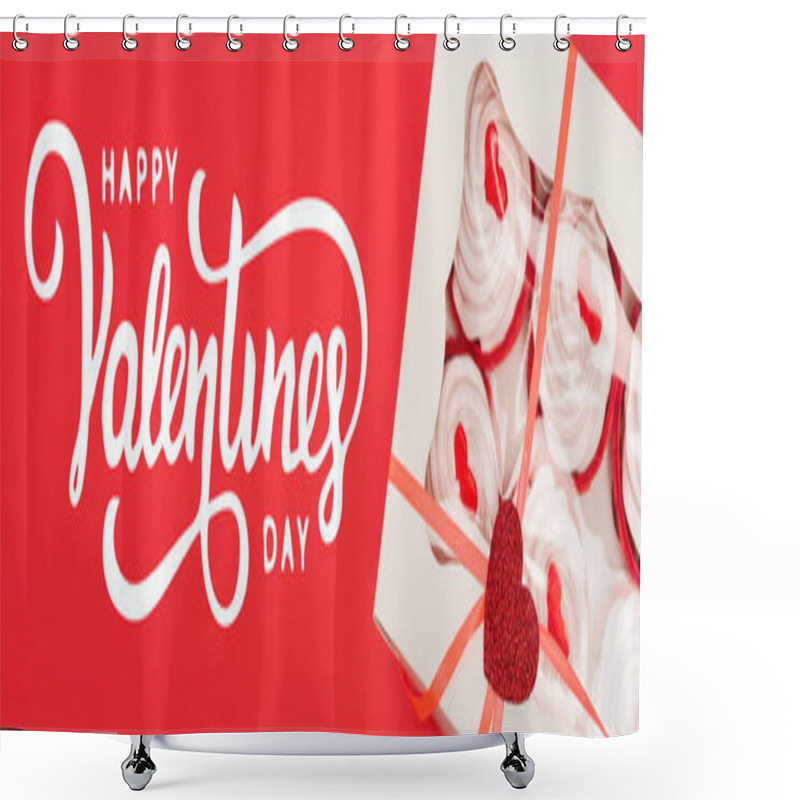 Personality  Top View Of Box With Tasty Cupcakes Near Happy Valentines Day Lettering On Red, Banner Shower Curtains