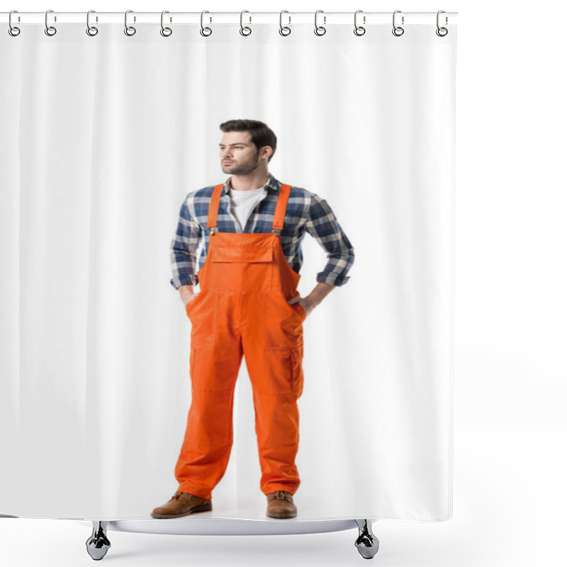 Personality  Young Confident Repairman In Orange Overall Isolated On White Shower Curtains