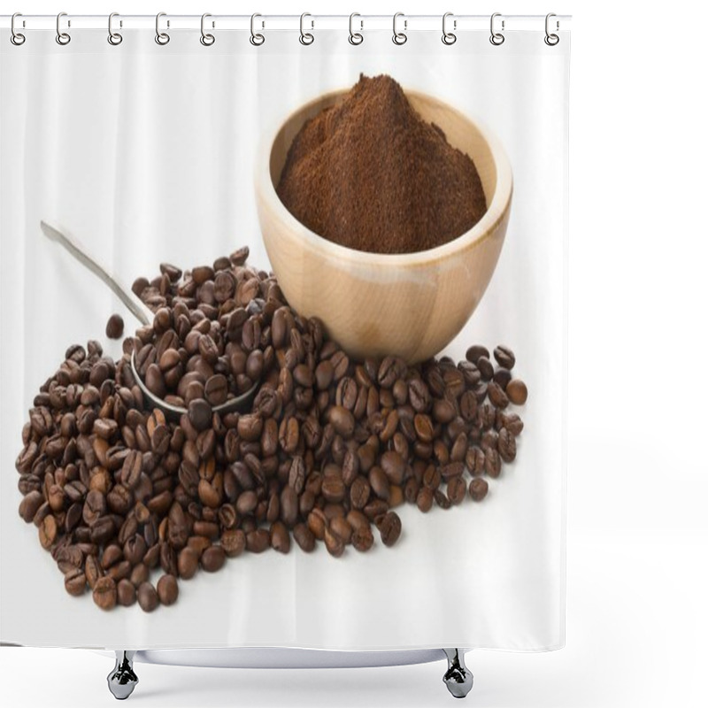 Personality  Coffee Beans With Ground Coffee In Wooden Bowl Shower Curtains