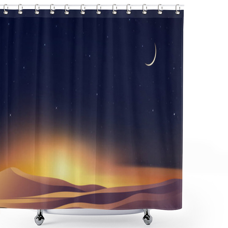 Personality  Islamic Greeting Ramadan Kareem Card Design Background With Desert Landscape Sand Dunes,Crescent Moon And Star In Dark Night,Vector Religions Symbolic Of Islam Or Muslim For Eid Mubarak, Eid Al Fitr Shower Curtains