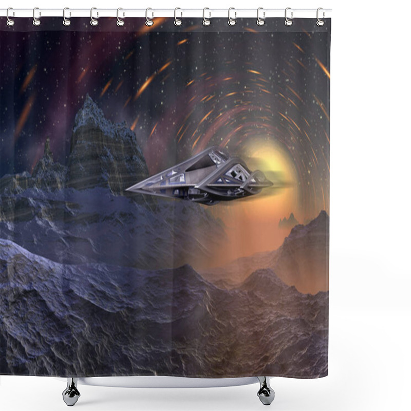 Personality  3D Rendered Fantasy Alien Landscape With Space Ship - 3D Illustration Shower Curtains