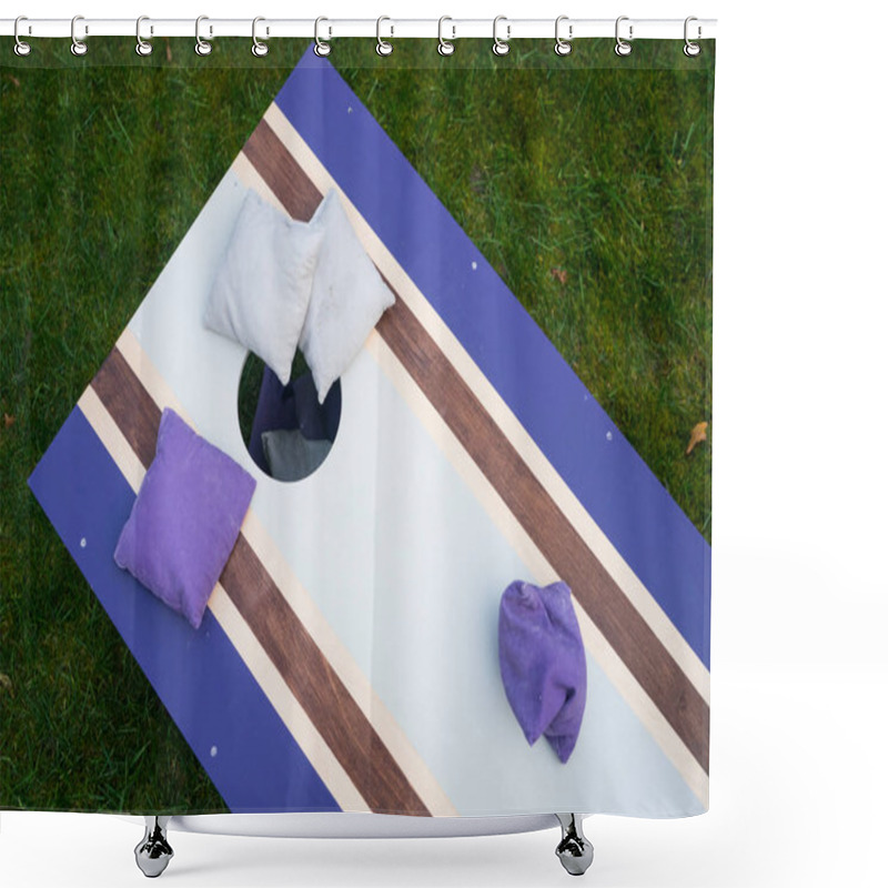 Personality  Cornhole Beanbag Toss Wood Game Board Outside On Grass Shower Curtains