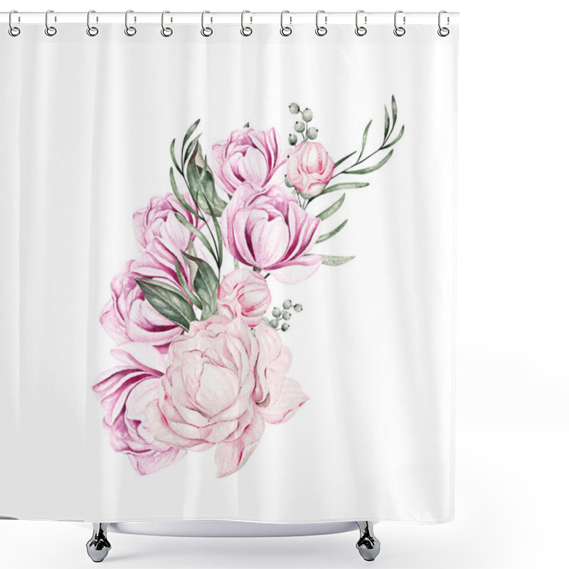 Personality  Card With Peonies, Can Be Used As Greeting Card, Invitation Card For Wedding, Birthday And Other Holiday And Summer Background. Watercolor Illustration Shower Curtains