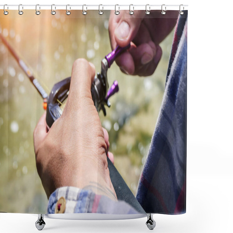 Personality   Baitcasting Reel In The Fisherman Hand Shower Curtains