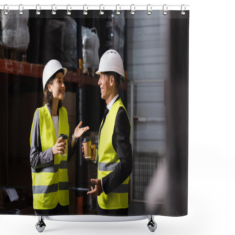 Personality  Logistics Team, Happy Woman In Hard Hat And Coffee Chatting With Middle Aged Supervisor In Warehouse Shower Curtains