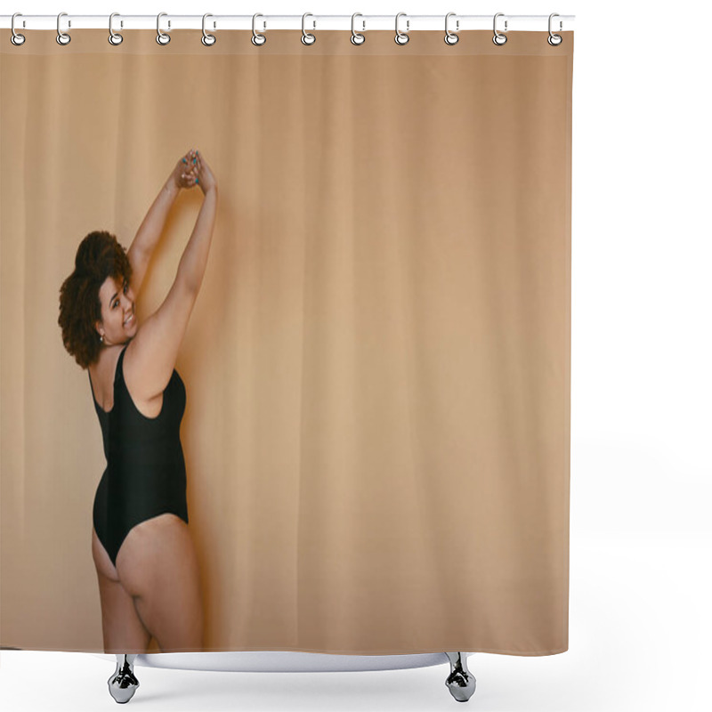 Personality  Beautiful Curvy Oversize African Black Woman Afro Hair Posing In Black Bodysuit On Beige Brown Background Isolated, Body Imperfection, Body Acceptance, Body Positive And Diversity Concept. Copyspace. Shower Curtains