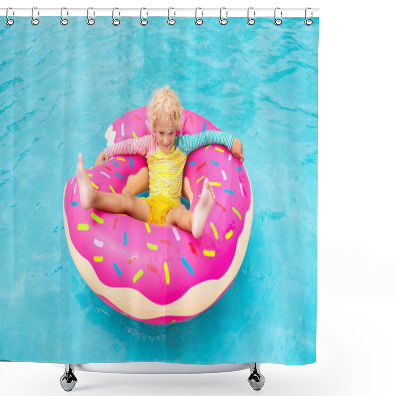 Personality  Child In Swimming Pool On Funny Inflatable Donut Float Ring. Little Boy Learning To Swim In Outdoor Pool Of Tropical Resort. Water Toys For Kids. Healthy Sport Activity For Children. Sun Protection.  Shower Curtains