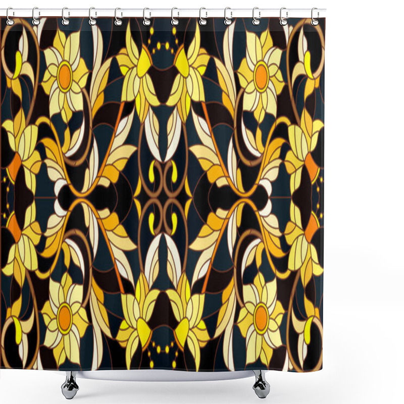 Personality  Illustration In Stained Glass Style With Floral Ornament ,imitation Gold On Dark Background With Swirls And Floral Motifs Shower Curtains