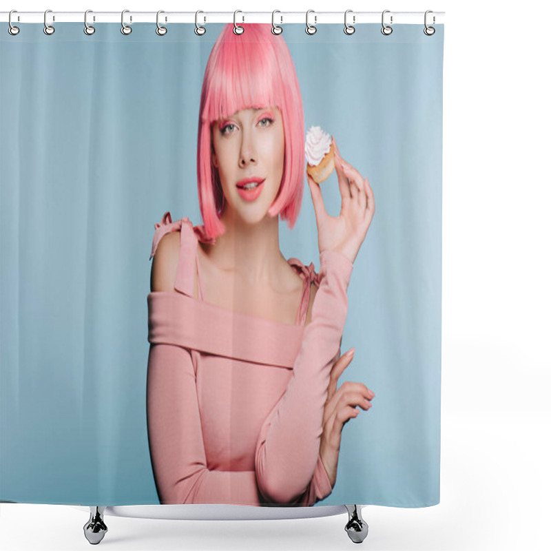 Personality  Beautiful Happy Girl In Pink Wig Posing With Delicious Cupcake Isolated On Blue Shower Curtains