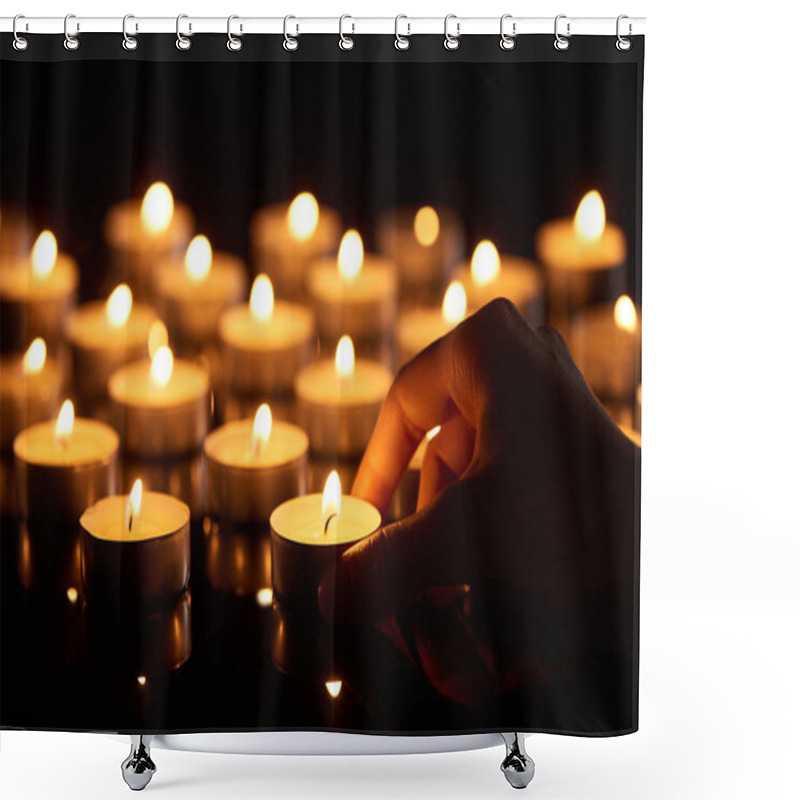 Personality  Selective Focus Of Woman Holding Burning Candle In Darkness Shower Curtains