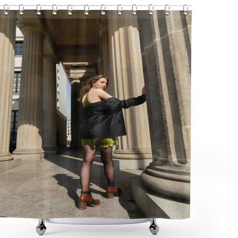 Personality  Pretty Young Woman In Silk Dress Holding Black Jacket And Standing In Berlin, Germany  Shower Curtains