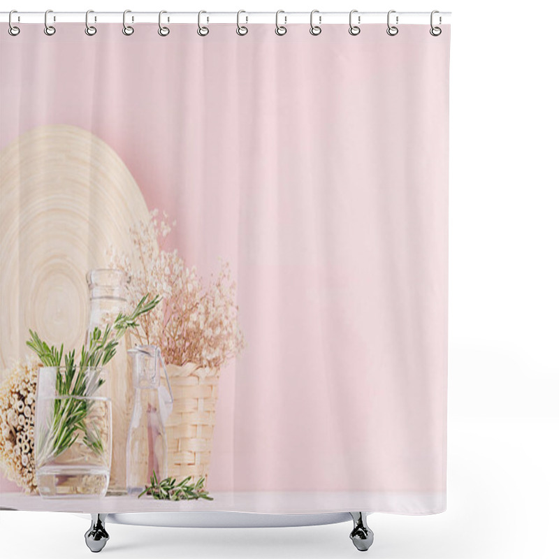 Personality  Modern Soft Light Pink Pastel Home Interior With Green Plant, Dried White Flowers, Beige Bamboo Plate On White Wood Background. Shower Curtains