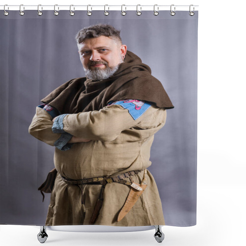 Personality  Mature Bearded Man In Traditional Historic Medieval Clothes Shower Curtains