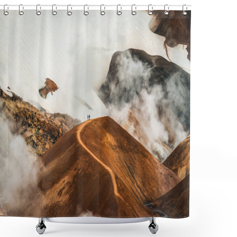 Personality  Majestic Landscape Of Kerlingarfjoll Volcanic Mountain Range With Sulfur Smoke And Tourist Hiking On Hveradalir Trail In Summer At Highlands Of Iceland Shower Curtains