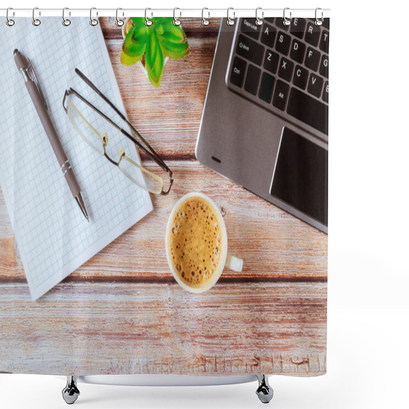 Personality  Workspace With Laptop, Coffee, Pen, And Notebook On Top Of An Office Table Shower Curtains