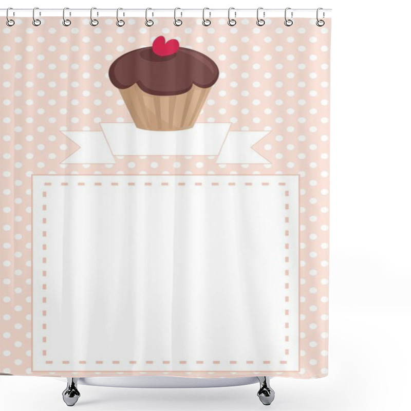 Personality  Vector Restaurant Menu, Wedding Card, List Or Baby Shower Invitation With Sweet Retro Chocolate Cupcake On Pink And White Vintage Polka Dots Texture Background With White Space For Your Own Message. Shower Curtains