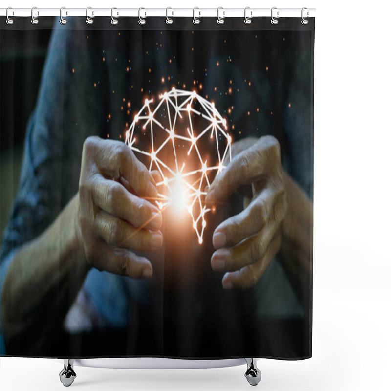 Personality  Memory Loss Due To Dementia, Elderly Woman Holding Broken And Damaged Brain Structures By Alzheimer's Disease On Dark Background. Shower Curtains