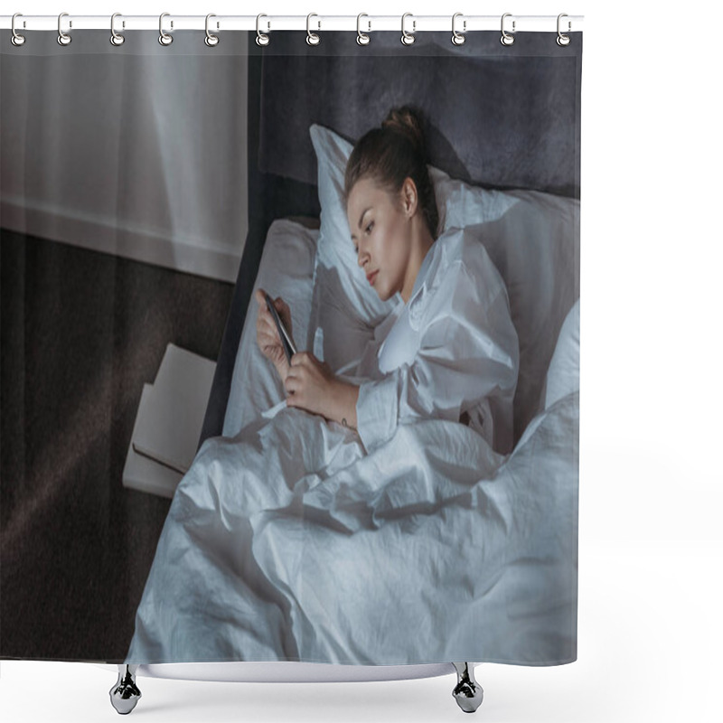 Personality  Woman Using Phone In Bed Shower Curtains