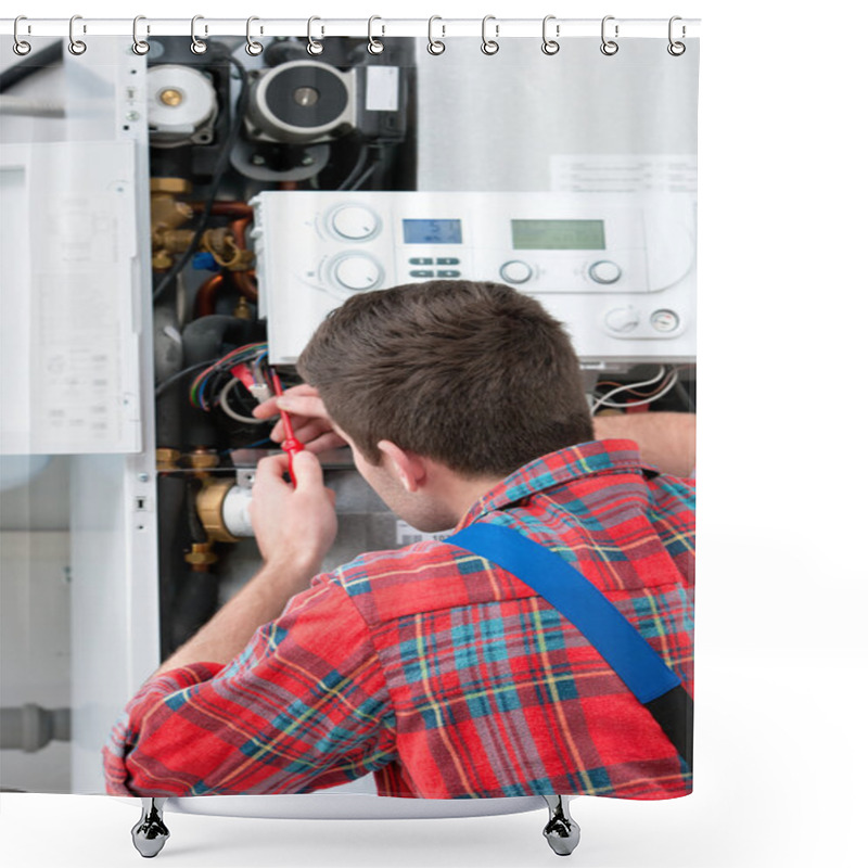 Personality  Technician Servicing Heating Boiler Shower Curtains