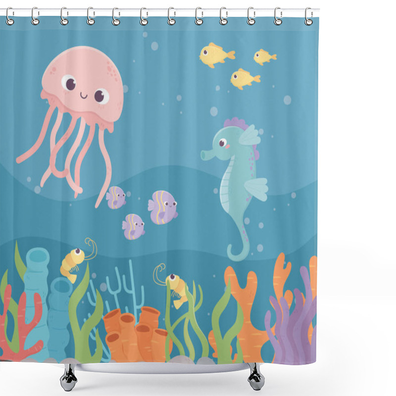 Personality  Jellyfish Seahorse Fishes Shrimp Life Coral Reef Under The Sea Shower Curtains