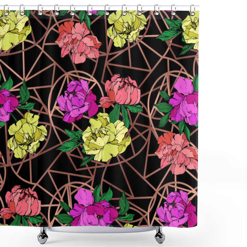 Personality  Vector Purple, Living Coral And Yellow Peonies Illustration With Geometrical Ornament On Black Background. Engraved Ink Art. Seamless Background Pattern. Fabric Wallpaper Print Texture. Shower Curtains