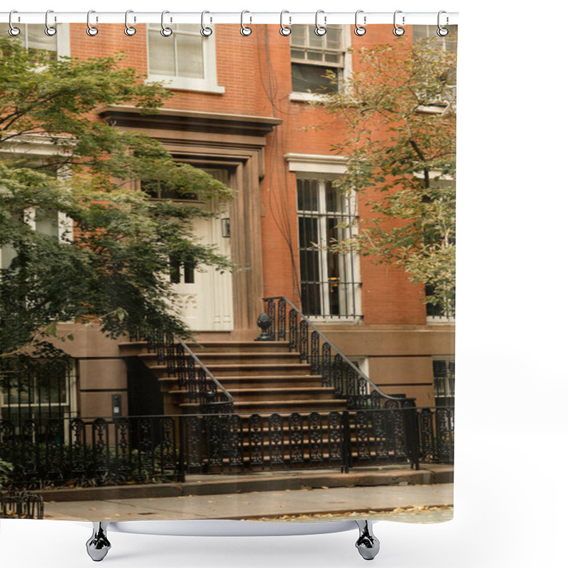 Personality  Brick House With White Windows And Entrance With Stairs Near Autumn Trees On Street In New York City Shower Curtains