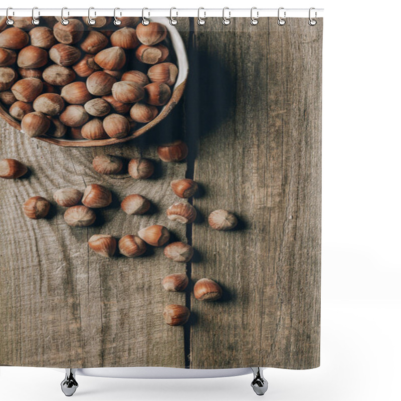 Personality  Top View Of Tasty Healthy Hazelnuts In Bowl On Wooden Table Shower Curtains