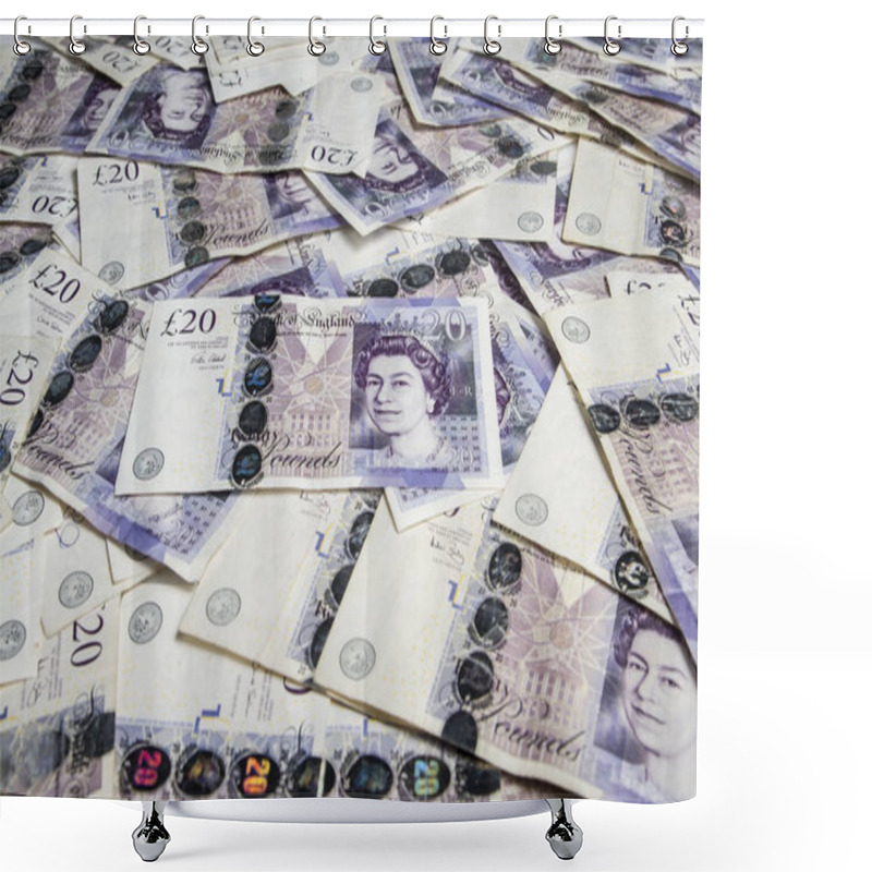 Personality  British Currency. Plenty Of British 20 Pound Banknotes. Background. Shower Curtains