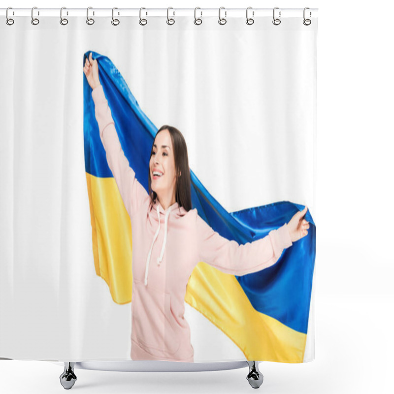 Personality  Happy Young Girl Holding Flag Of Ukraine Isolated On White Shower Curtains