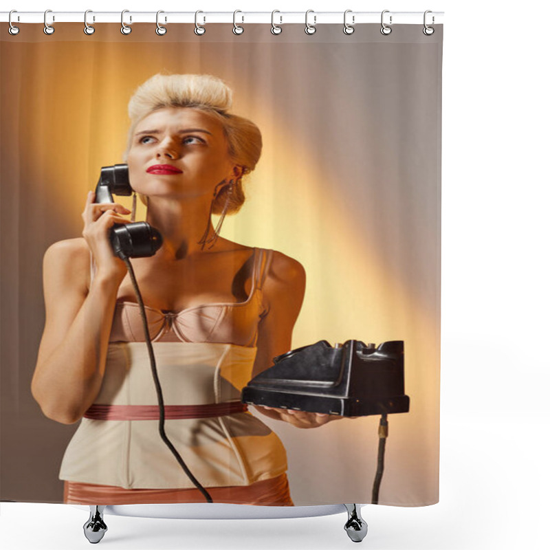 Personality  Disgruntled Blonde Girl With Red Lips Talking On Retro Phone Against Gray Background Shower Curtains