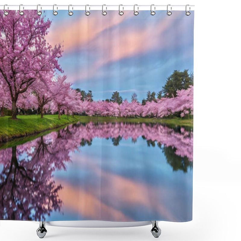 Personality  Blossom Reflection Symphony: A Picturesque View Of A Cherry Blossom Field Enveloping A Still Pond, Where Every Branch And Pastel Hue In The Sky Above Is Echoed Flawlessly In The Water Below. Shower Curtains