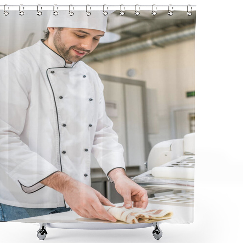 Personality  Baker In White Chefs Uniform Kneading Dough On Bakehouse Table Shower Curtains