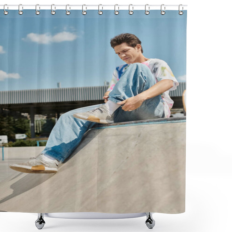 Personality  A Young Skater Boy Confidently Sits Atop A Skateboard Ramp In A Vibrant Outdoor Skate Park On A Sunny Summer Day. Shower Curtains