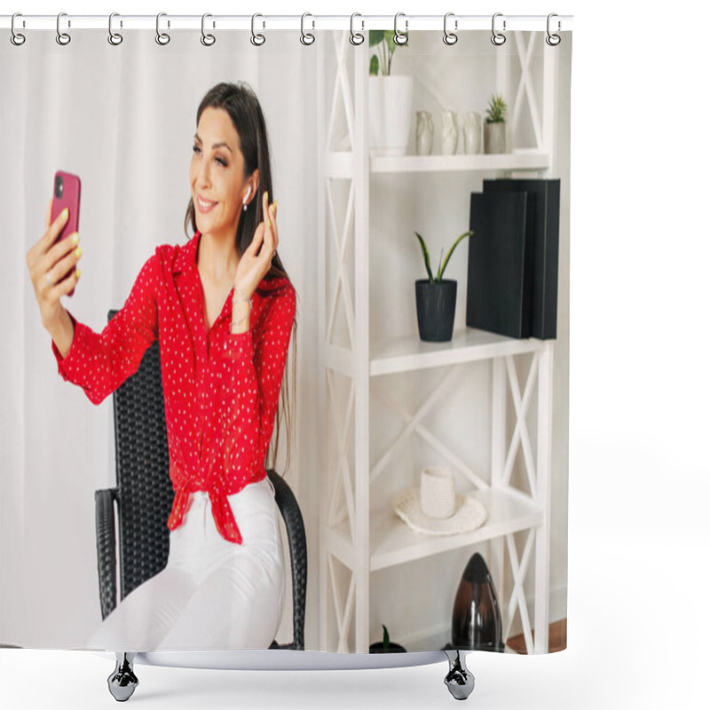 Personality  Attractive Woman Talks Via Video Call On The Phone Shower Curtains