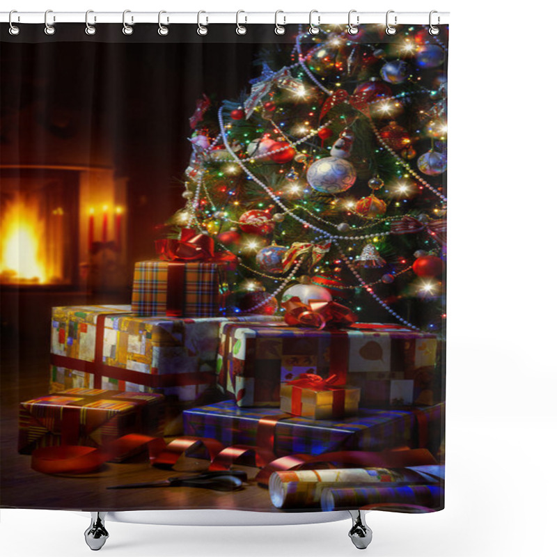 Personality  Art Christmas Tree And Christmas Gift Boxes In The Interior With Shower Curtains