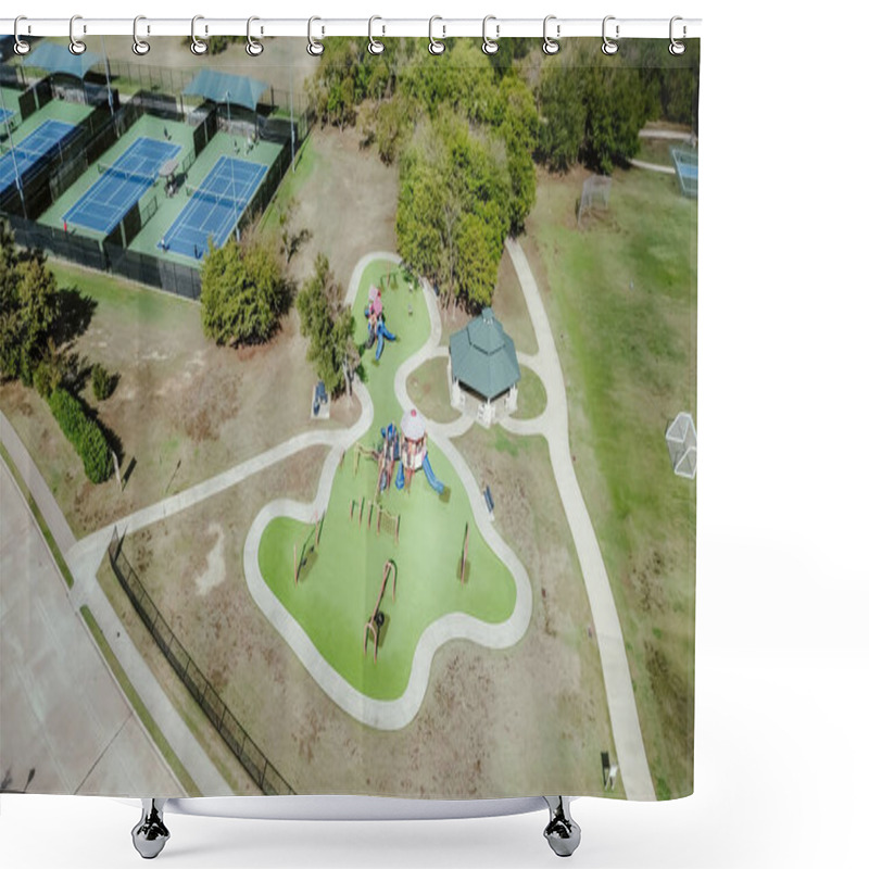 Personality  Modern Playground With Artificial Turf, Climbing Structure, Pavilion Near Tennis Center Group Player Practice In Sport Complex Basketball, Baseball, Soccer Field, Carrollton, Suburbs Dallas. Texas Shower Curtains