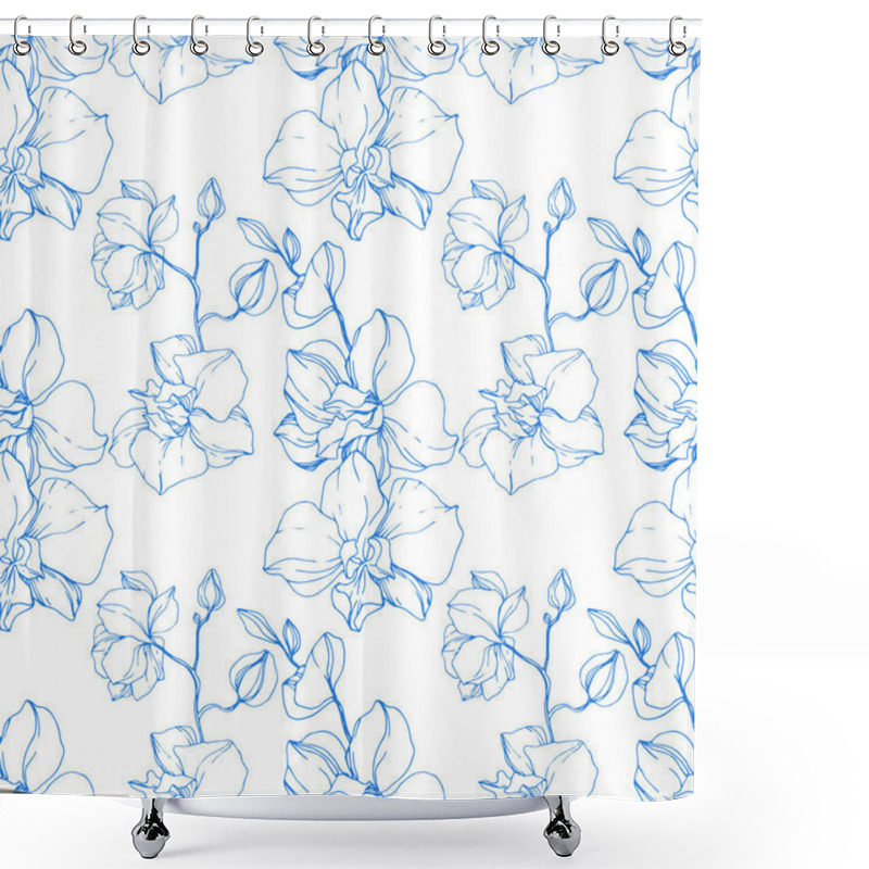 Personality  Beautiful Blue Orchid Flowers. Engraved Ink Art. Seamless Background Pattern. Fabric Wallpaper Print Texture. Shower Curtains