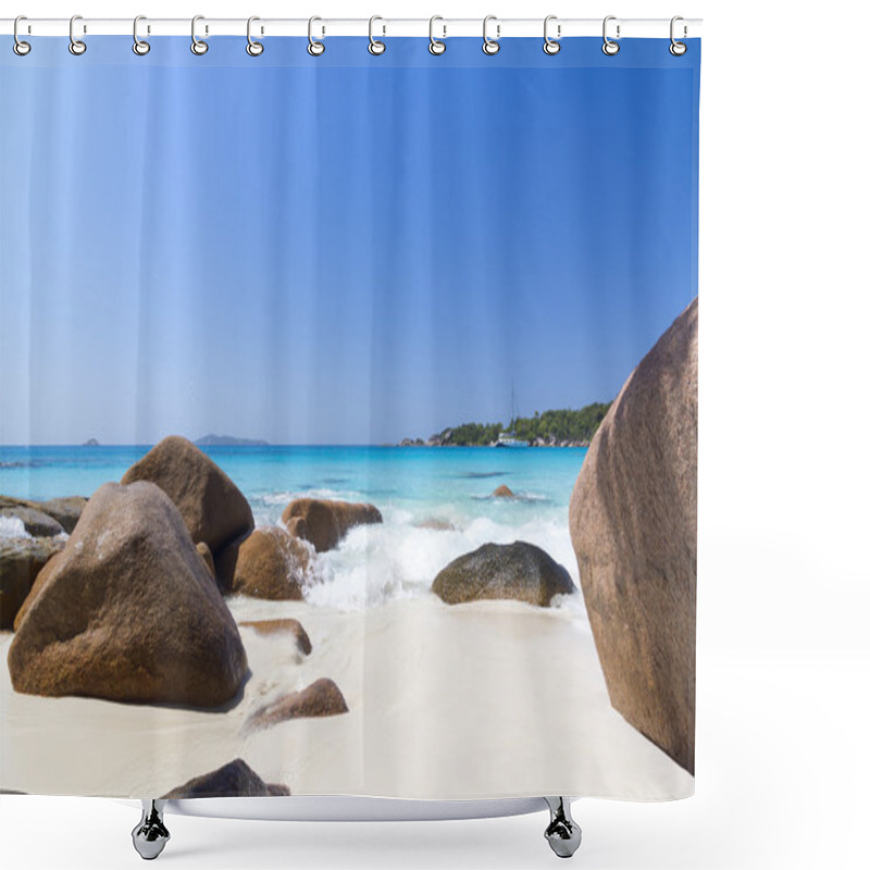 Personality  White Coral Beach Sand And Azure Indian Ocean. Sailing Yacht On Shower Curtains