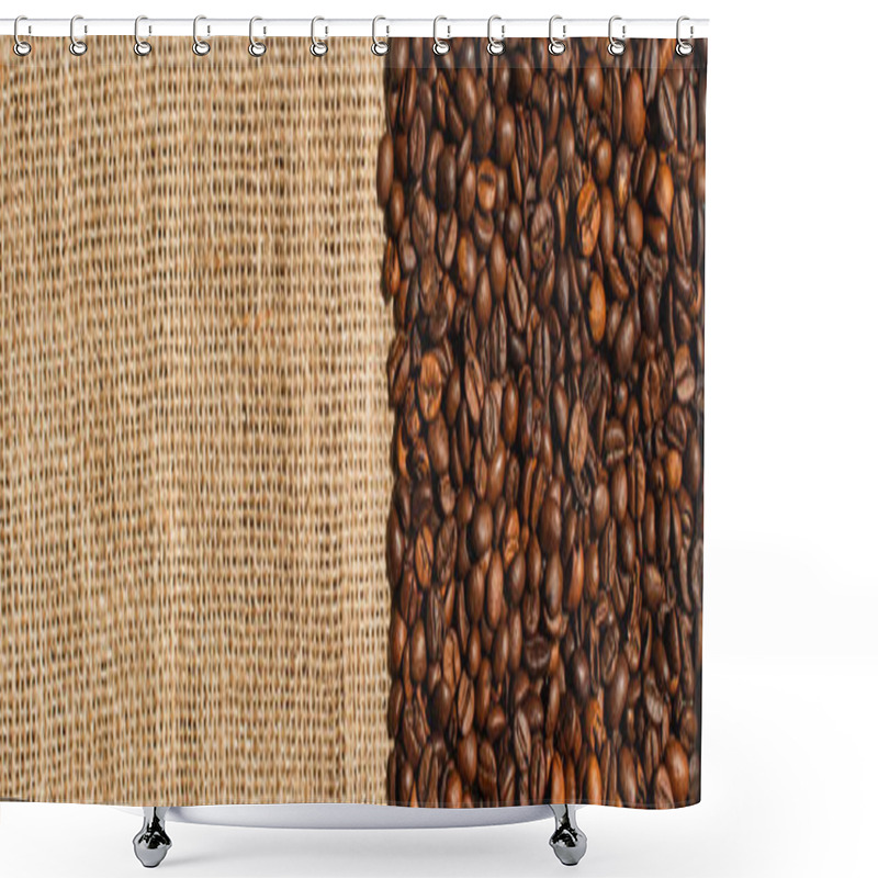 Personality  Top View Of Roasted Coffee Beans On Sackcloth, Panoramic Shot Shower Curtains