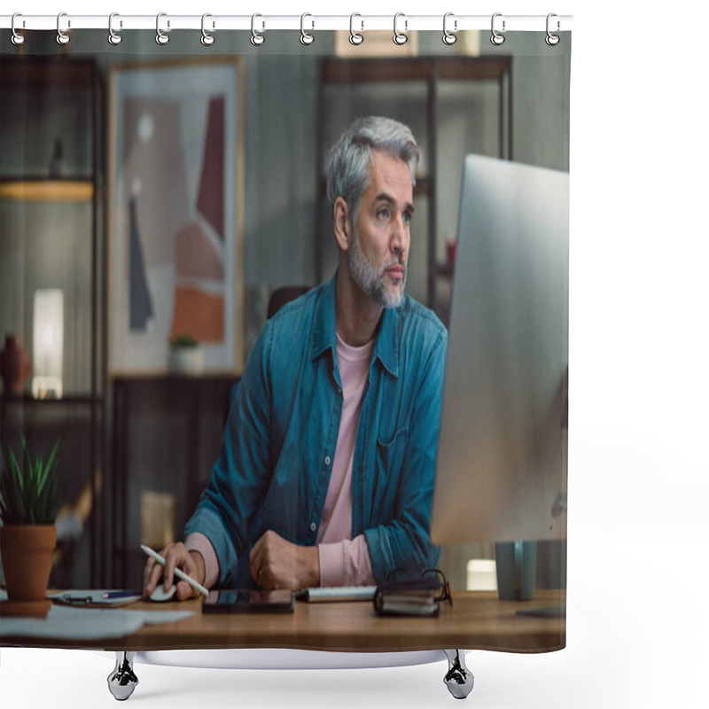 Personality  Mature Man Architect Working On Computer At Desk Indoors In Office. Shower Curtains