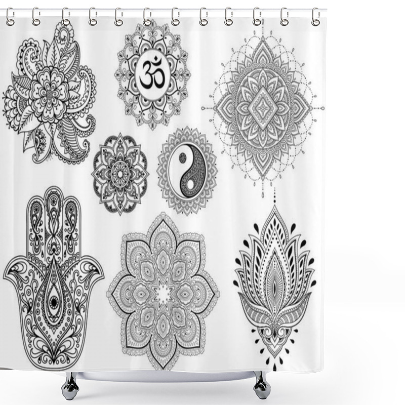 Personality  Big Set Of Mehndi Flower Pattern, Mandala, Mantra OM, Yin-yang Symbol And Hamsa For Henna Drawing And Tattoo. Decoration In Ethnic Oriental, Indian Style. Shower Curtains