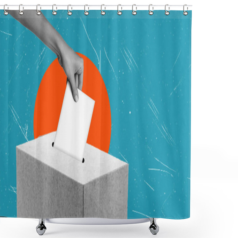 Personality  A Hand Is Placing A Blank Ballot Into A Gray Voting Box, With A Colorful Blue Backdrop Featuring A Sunburst, Representing Participation In Democratic Processes. Shower Curtains