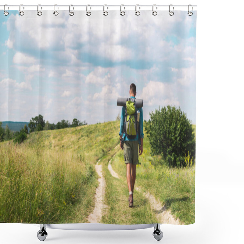 Personality  Rear View Of Hiker With Backpack Walking On Path On Green Meadow Shower Curtains