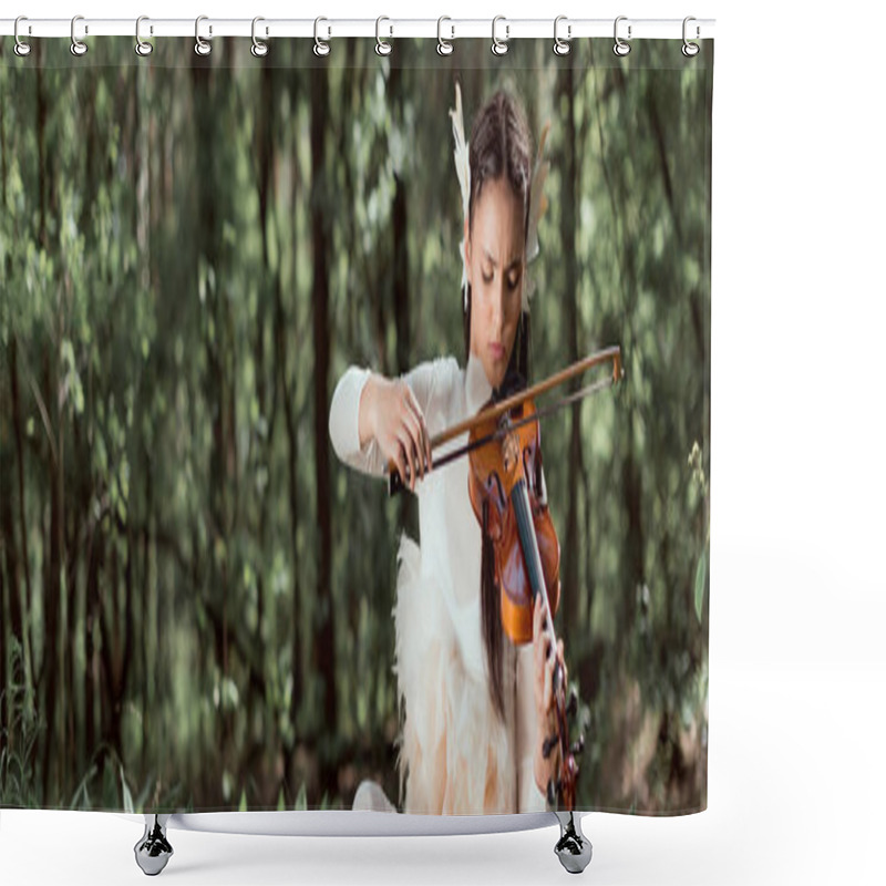 Personality  Panoramic View Of Brunette Woman In White Swan Costume Playing On Violin Shower Curtains